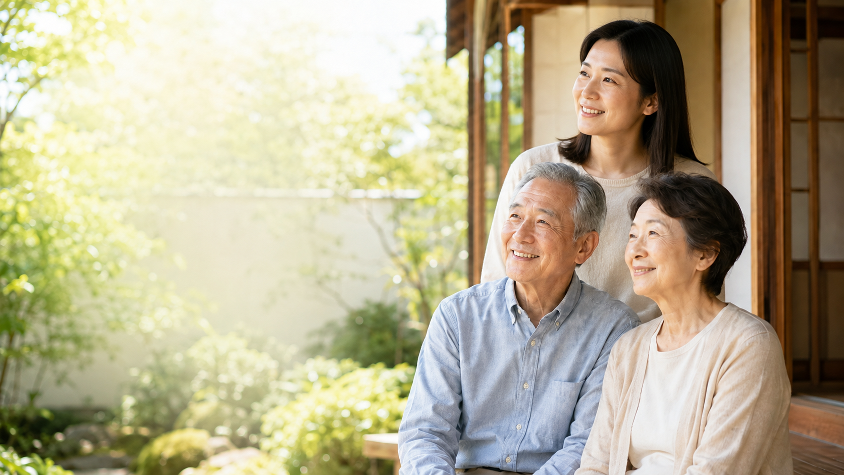 実家で笑顔で寄り添う三世代の家族